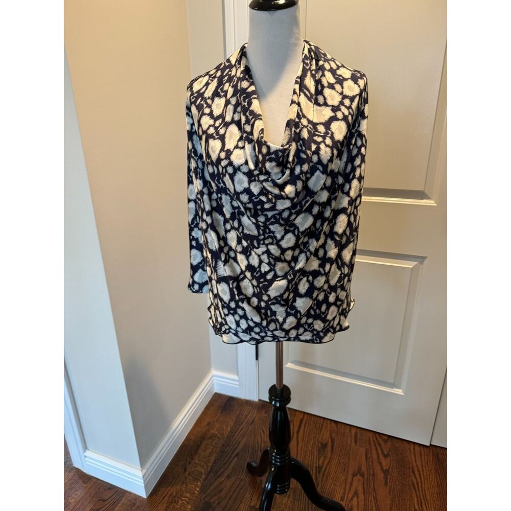 Yigal Azrouel Navy and Gray Geometric Print Silk Satin Poncho Blouse SZ 8 NWOT